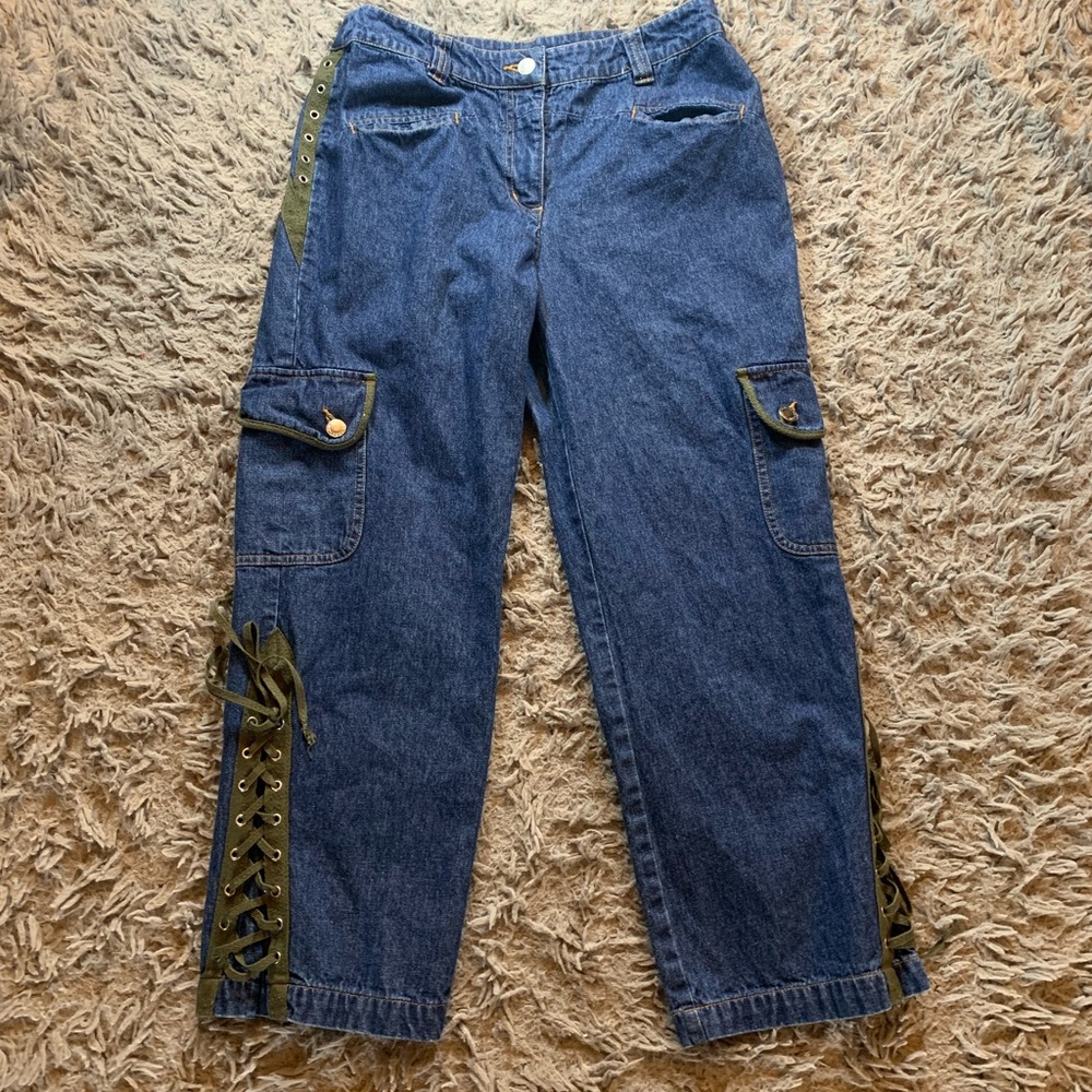 Vintage Y2K Together green side lace up low rise blue  cargo style jeans sz 10